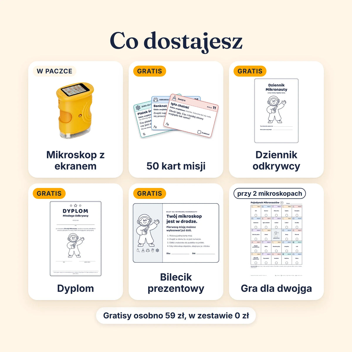 Co dostajesz: mikroskop z ekranem, 50 kart misji, dziennik odkrywcy, dyplom, bilecik prezentowy, gra dla dwojga przy 2 mikroskopach